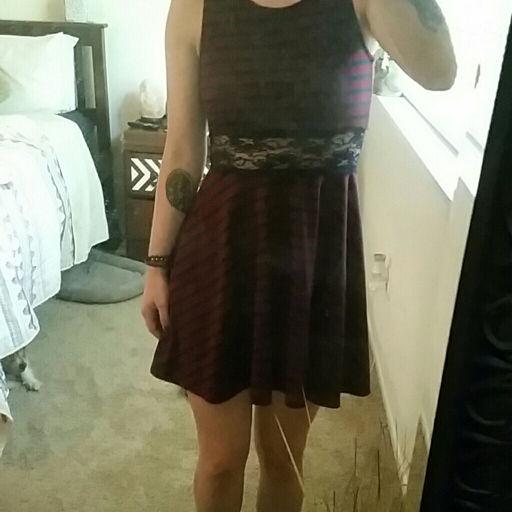 Maroon with navy stripes amd lace waistband dress